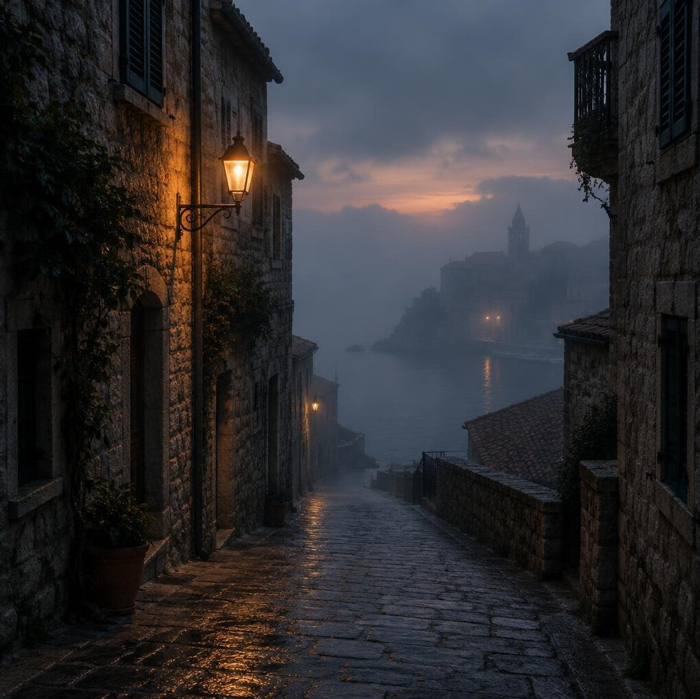 Foggy old European street at dusk with stone buildings