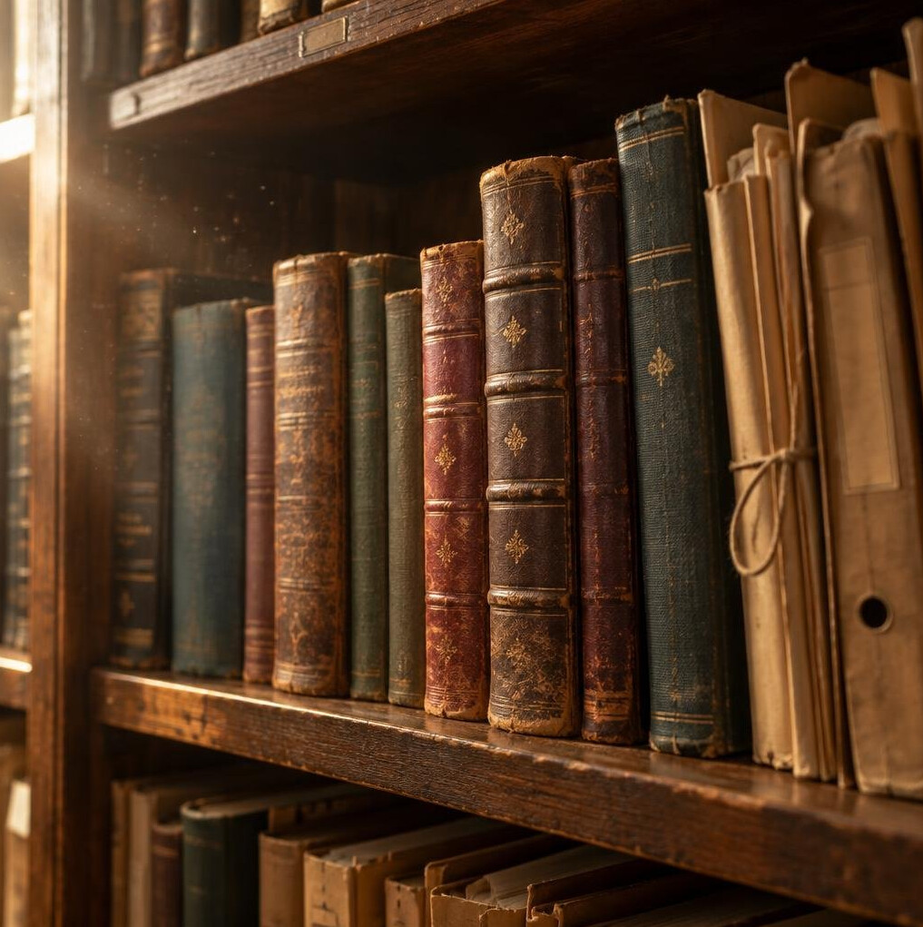 Stack of old books and archive folders on a shelf