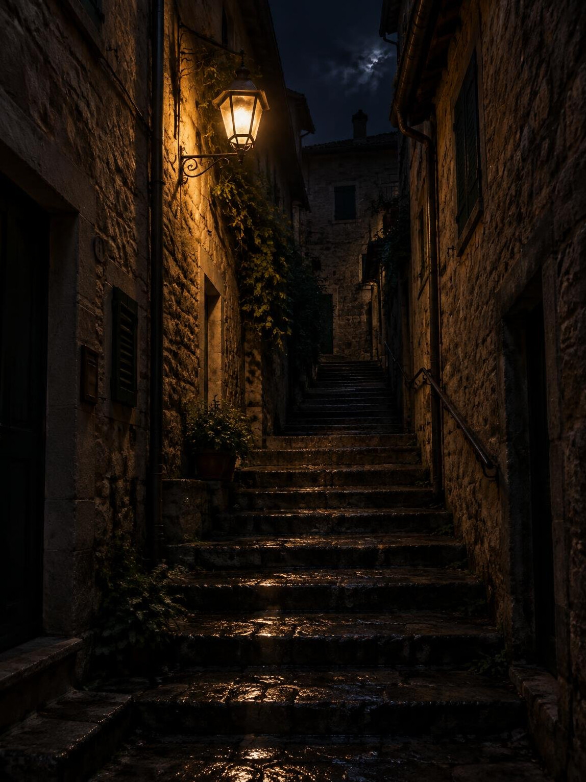 Empty stone staircase in an old town at night