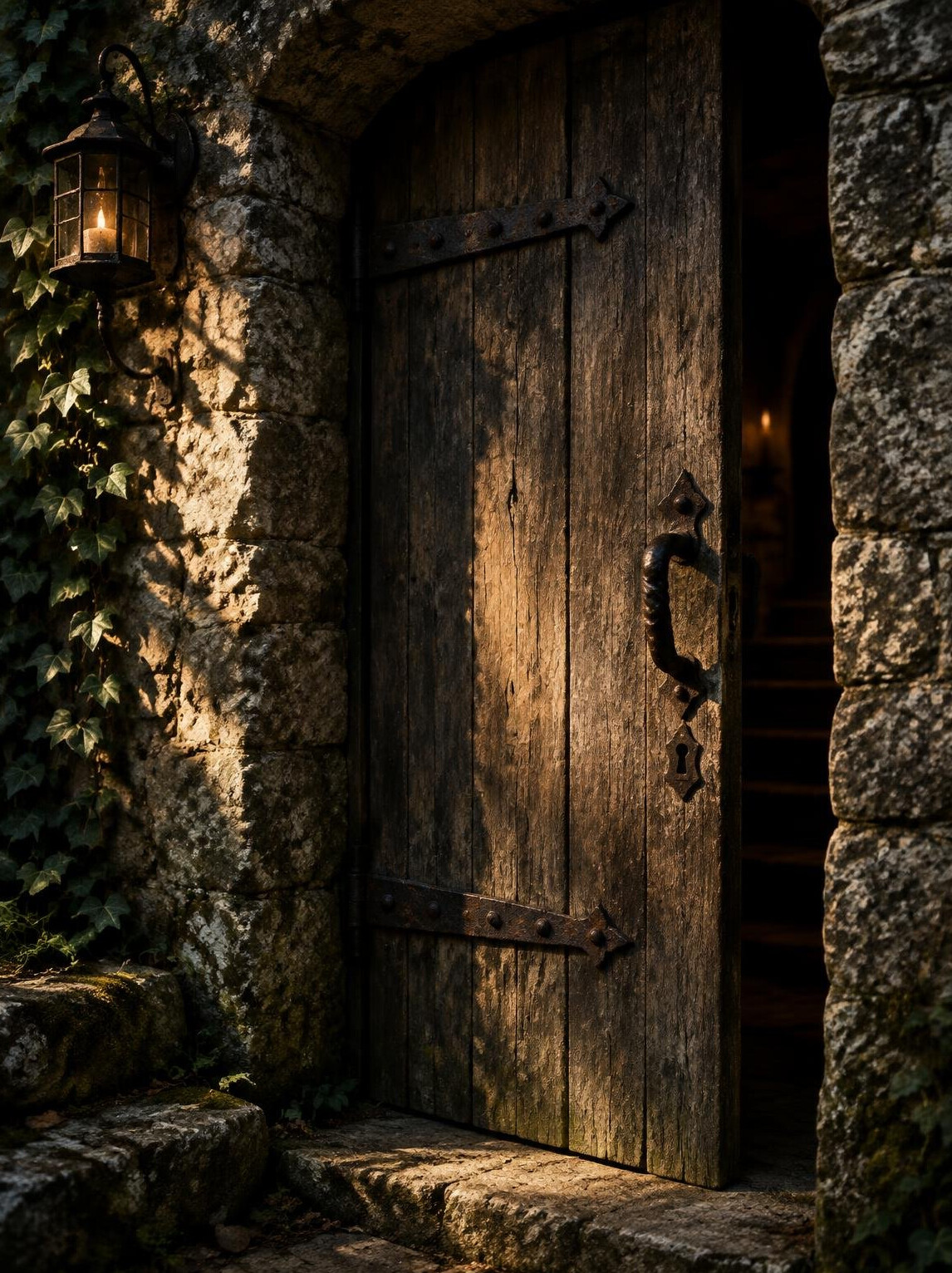 Old wooden door with iron handle in a stone wall