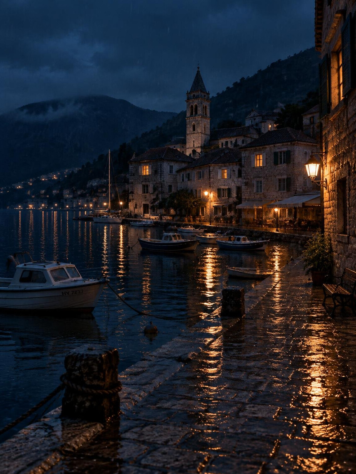 Rainy harbor town at night with lit windows