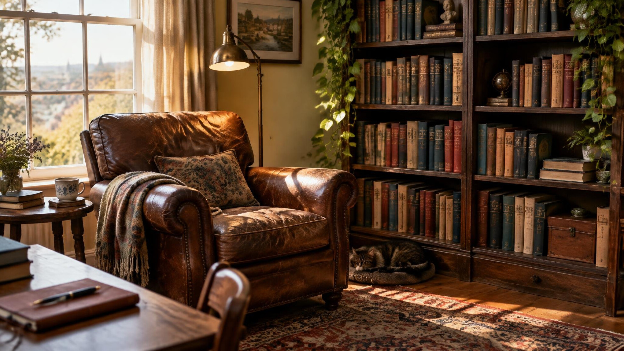 Quiet reading room with armchair and bookshelves