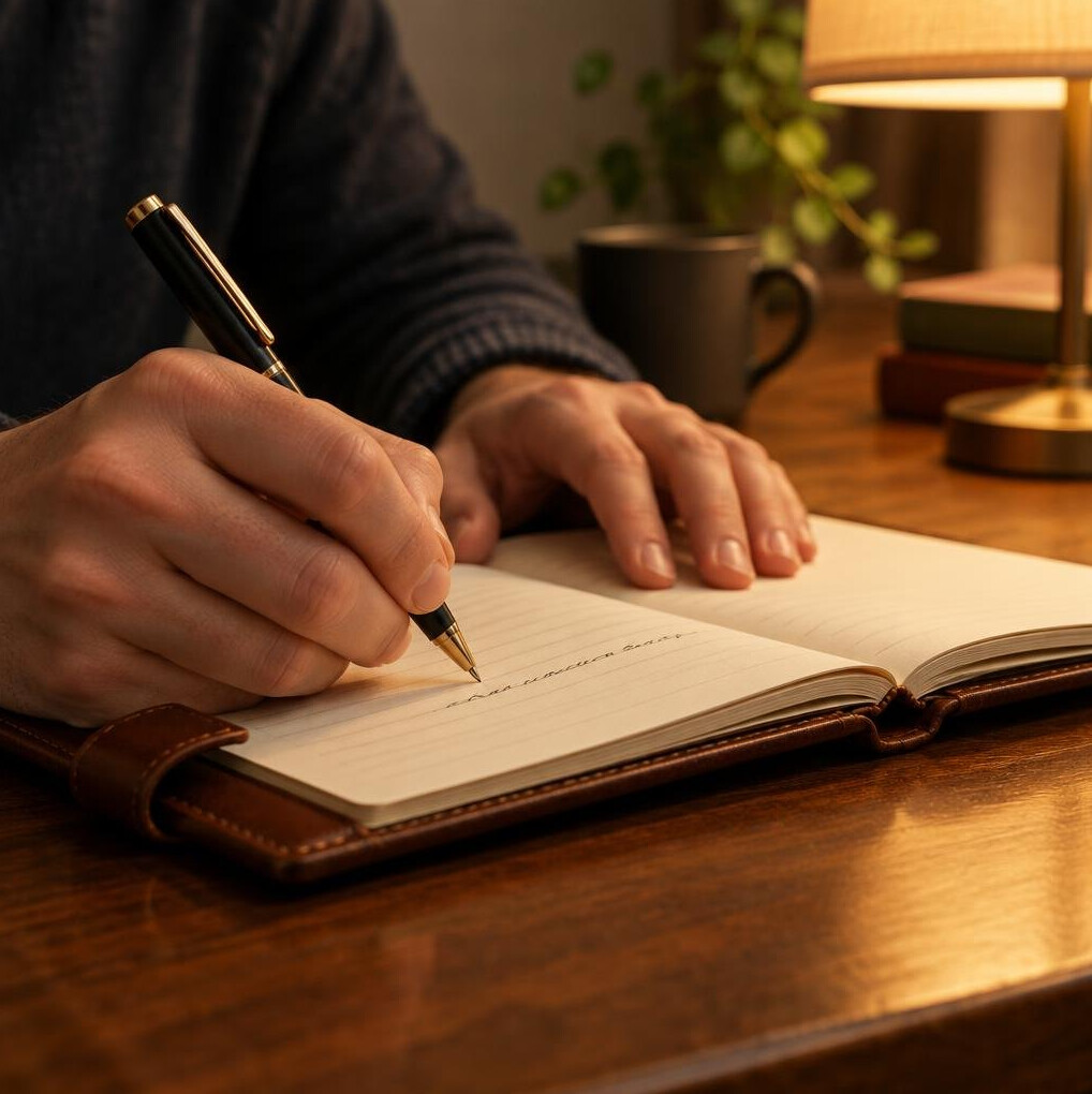 Close up of hands writing in a leather notebook