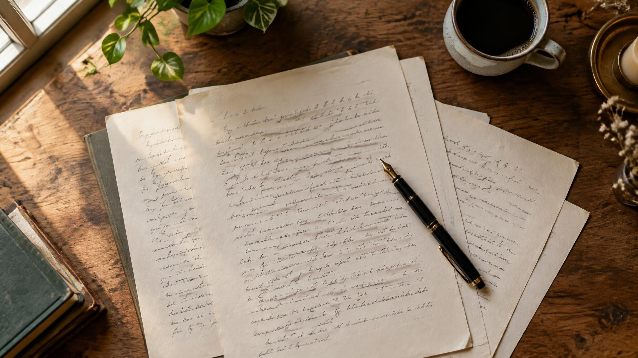 Handwritten manuscript pages with a fountain pen on a wooden table