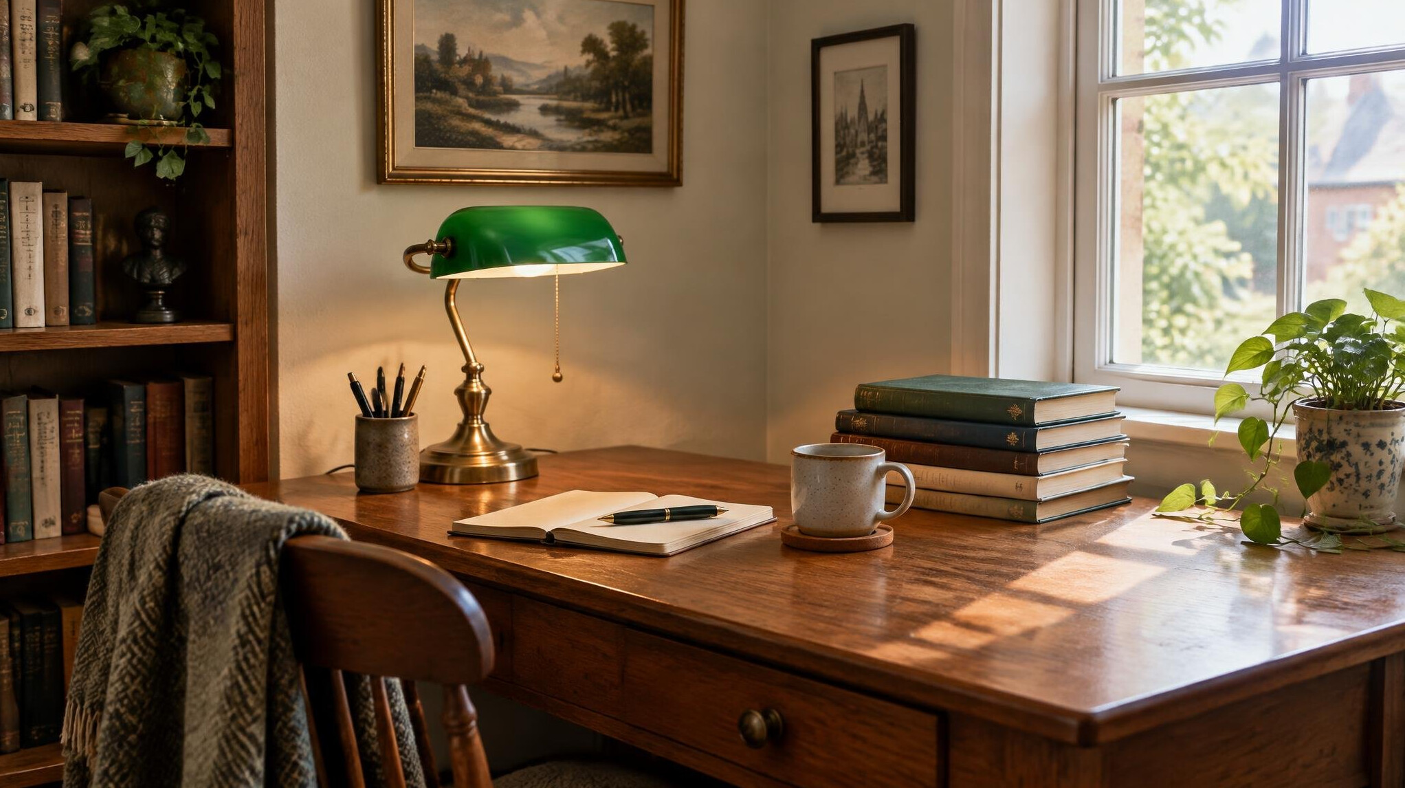 Small home office desk with lamp and bookshelf