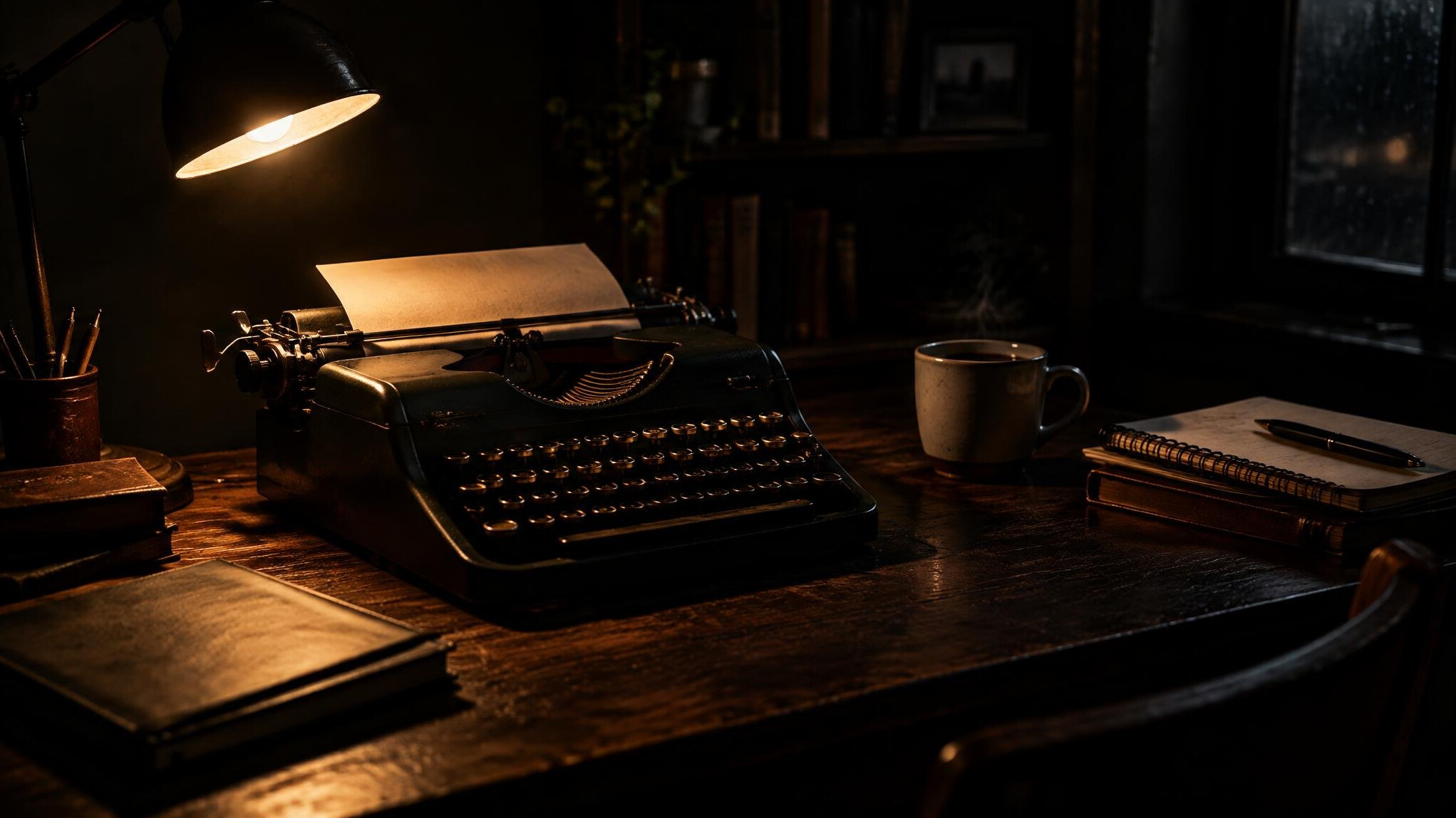 Old typewriter on a wooden desk with dim lamp light